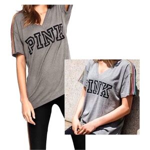PINK Victoria’s Secret Heather Grey Rainbow Stripe V-Neck Tee
